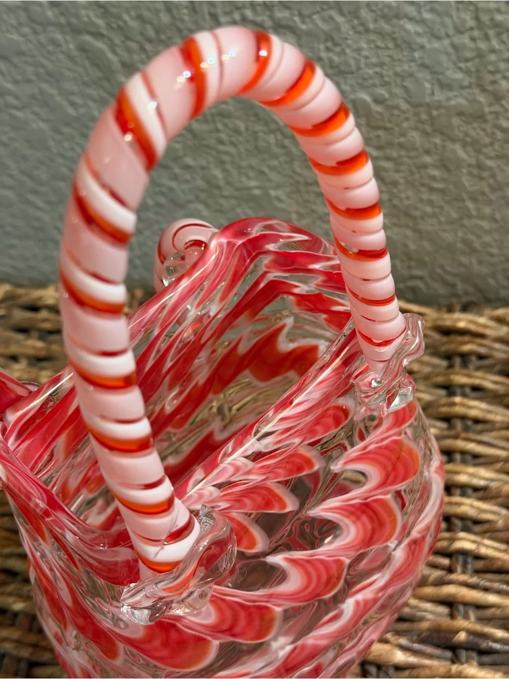 Hand Blown Art Glass Purse Sculpture Pink Red Candy Stripe Handbag Decorative